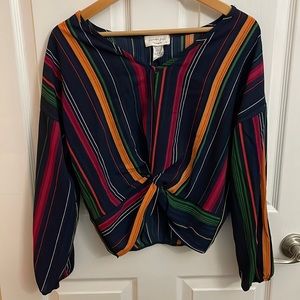 Lavender Field Striped Long Sleeve V-neck Top with Front Knot